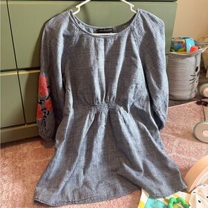 Maternity Blue Long-Sleeve Blouse with Floral Sleeves